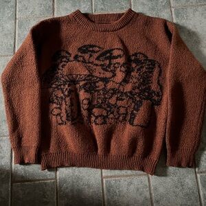 Brown Knit Sweater with Black Mushroom Graphic